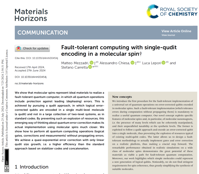 Published on Materials Horizons a scheme for fault-tolerant quantum computing using molecular spins