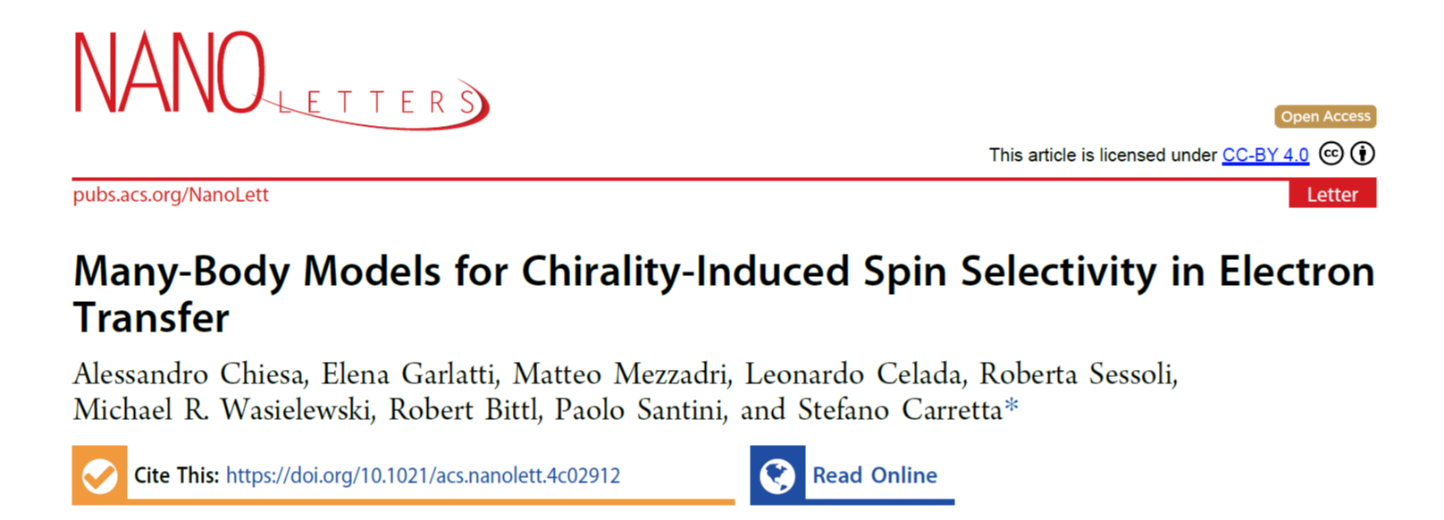 Published on Nano Letters the first many-body model for CISS in electron transfer including the bridge